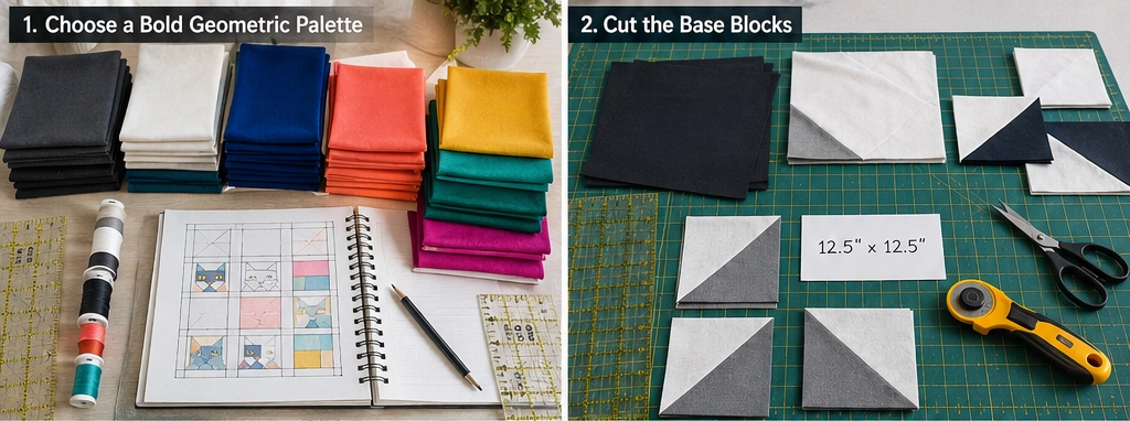 Stylish Geometric Feline Quilt Designs for Artistic Home Accents