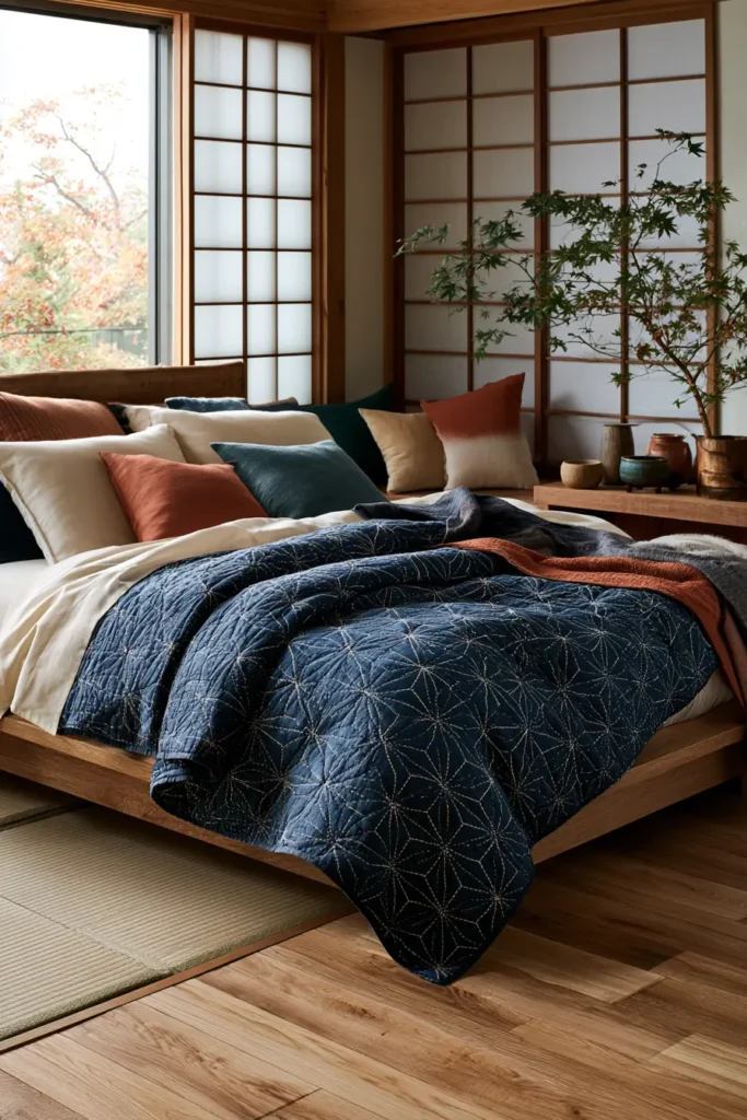 Asanoha Hemp Leaf Sashiko Quilts for Elegant Bedrooms
