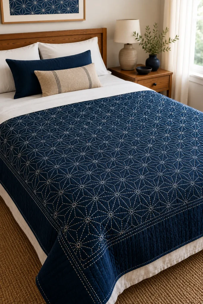 Asanoha Hemp Leaf Sashiko Quilts for Elegant Bedrooms