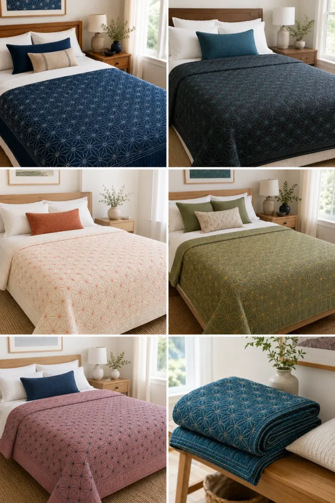 Asanoha Hemp Leaf Sashiko Quilts for Elegant Bedrooms