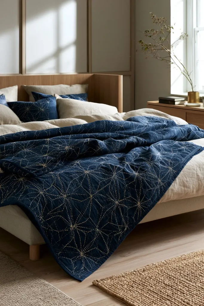 Asanoha Hemp Leaf Sashiko Quilts for Elegant Bedrooms
