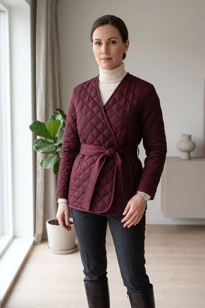 Belted Wrap Quilted Jacket for Polished, Tailored Elegance