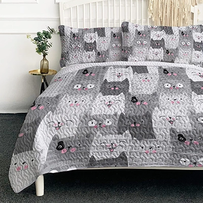 BlessLiving Grey Cat Quilt Set King, 3 Pieces Lightweight Cartoon Kitten Pattern Quilt