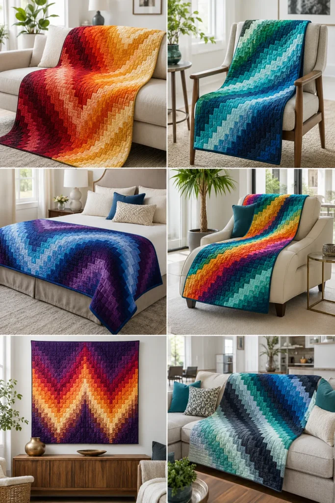 Bold Color Wave and Ombre Bargello Patterns for Elegant Living Rooms