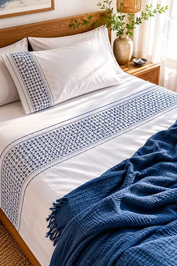 Cozy Hitomezashi (One-Stitch) Sashiko Bed Sheets for Textured Modern Homes