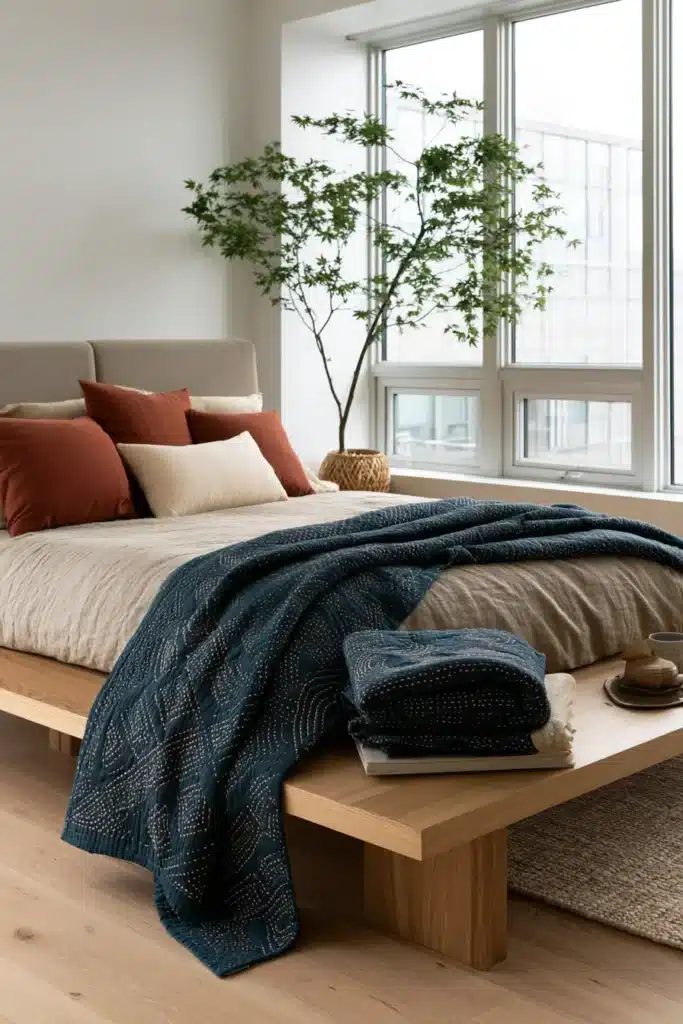 Elegant Moyozashi (Pattern Sashiko) Quilts for Serene Minimalist Bedrooms