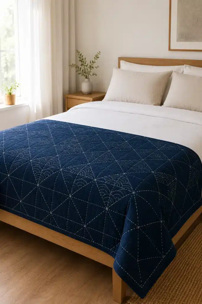 Elegant Moyozashi (Pattern Sashiko) Quilts for Serene Minimalist Bedrooms