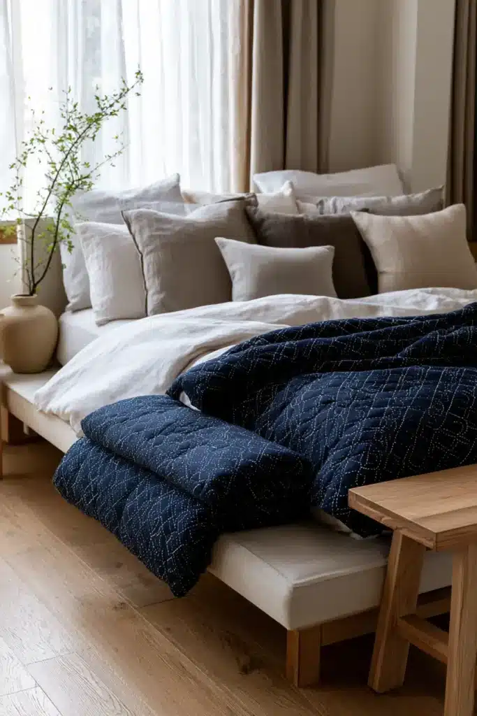 Elegant Moyozashi (Pattern Sashiko) Quilts for Serene Minimalist Bedrooms