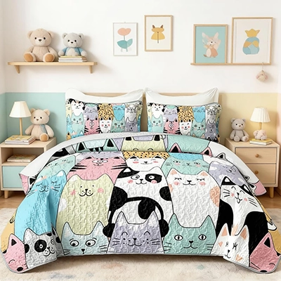 HOSIMA Cute Cat Twin Size Quilt Set for Teenage Girl Room Decor