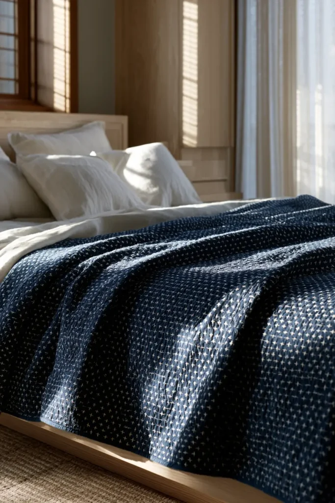 Juji Cross Sashiko Bed Covers for Subtle Geometric Detail