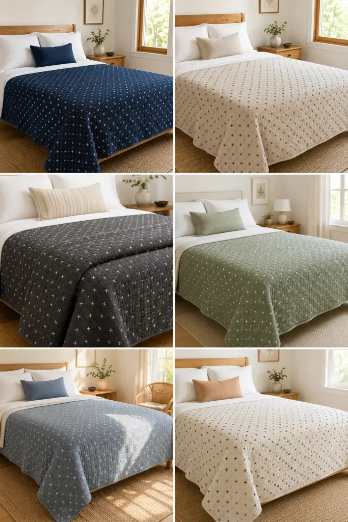 Juji Cross Sashiko Bed Covers for Subtle Geometric Detail