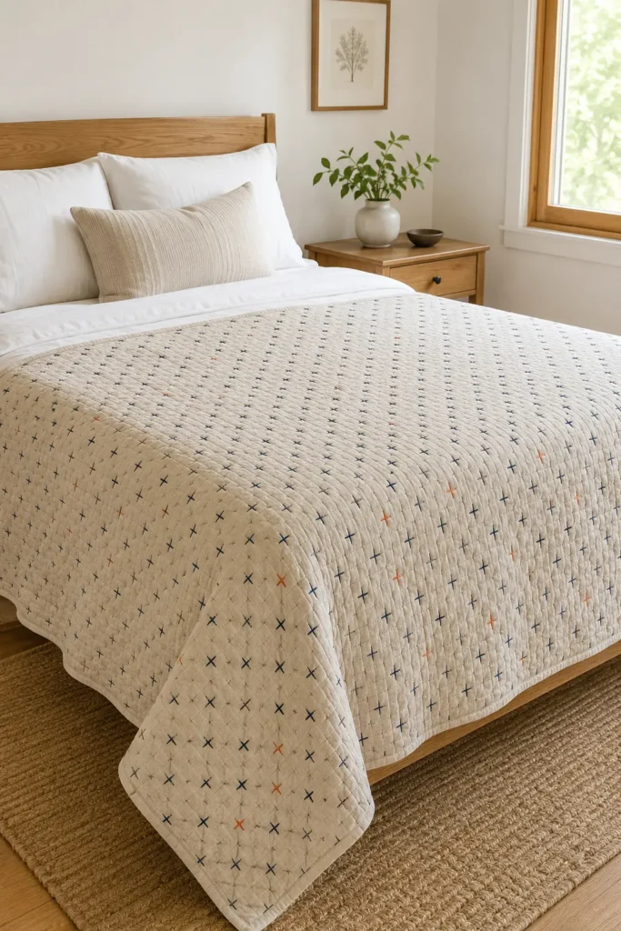 Juji Cross Sashiko Bed Covers for Subtle Geometric Detail