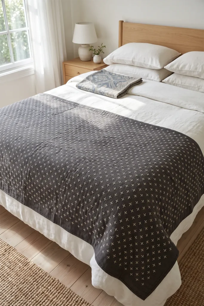 Juji Cross Sashiko Bed Covers for Subtle Geometric Detail
