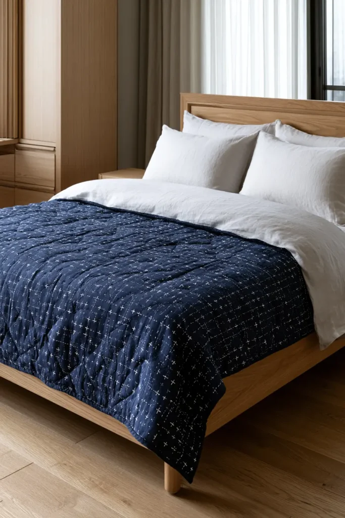 Juji Cross Sashiko Bed Covers for Subtle Geometric Detail