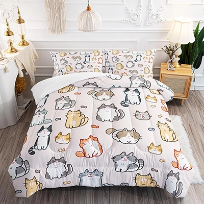 Kids Cute Cat Comforter Set Twin Size 3Pcs Cartoon Pet Cat Fishing Bedding Set Lovely Animal Quilt