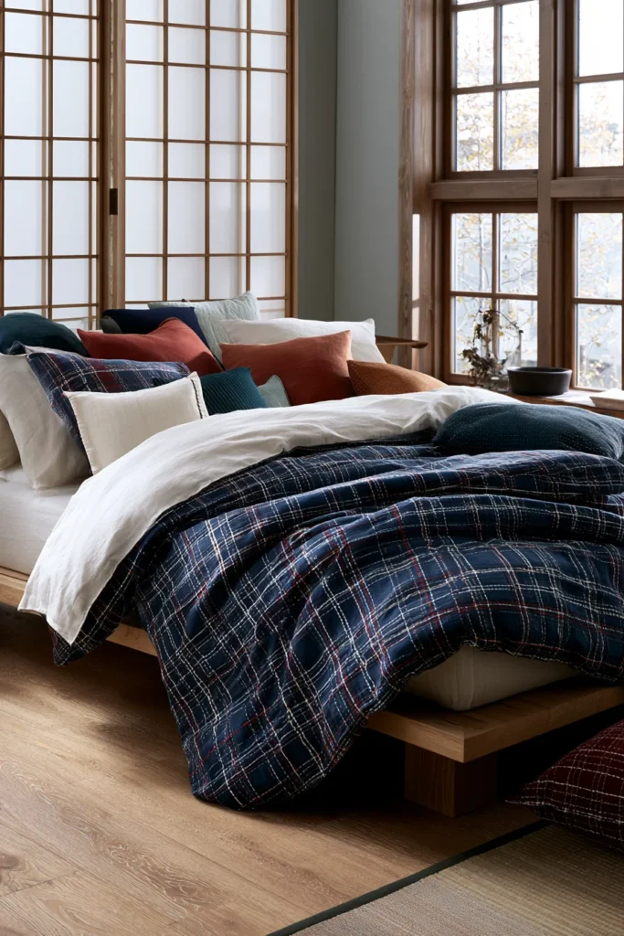 Kōshi Checkered Sashiko Bed Sheets for Sophisticated Sleep Spaces