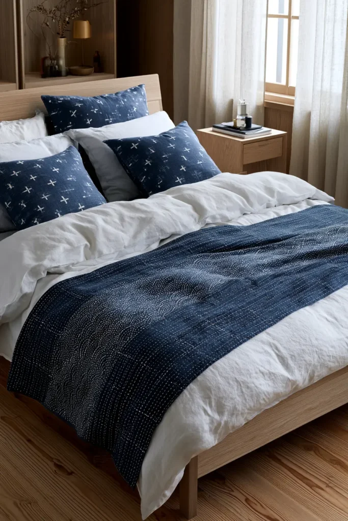 Layered Sashiko Bed Runner & Pillow Set for Coordinated Serene Decor