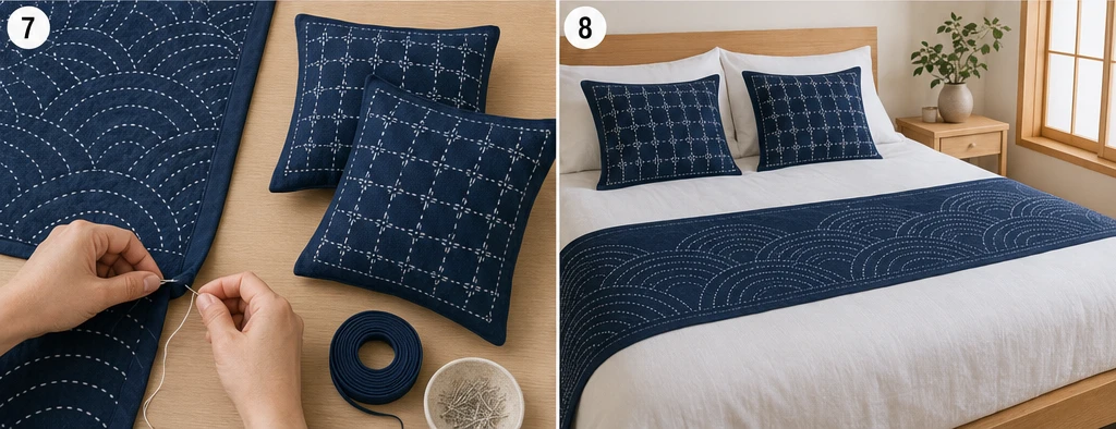 Layered Sashiko Bed Runner & Pillow Set for Coordinated Serene Decor
