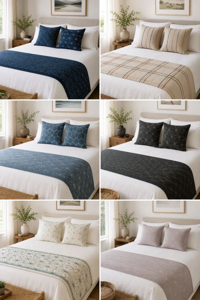 Layered Sashiko Bed Runner & Pillow Set for Coordinated Serene Decor