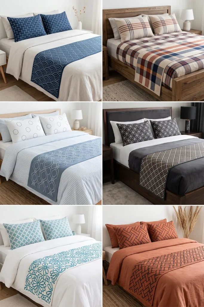 Layered Sashiko Bed Runner & Pillow Set for Coordinated Serene Decor