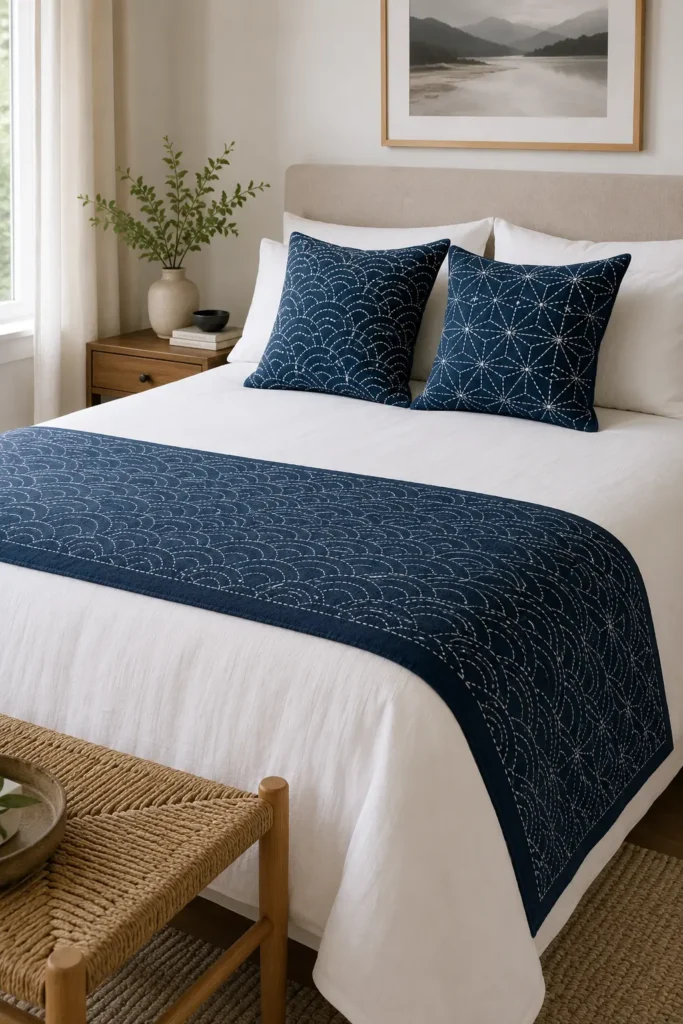 Layered Sashiko Bed Runner & Pillow Set for Coordinated Serene Decor
