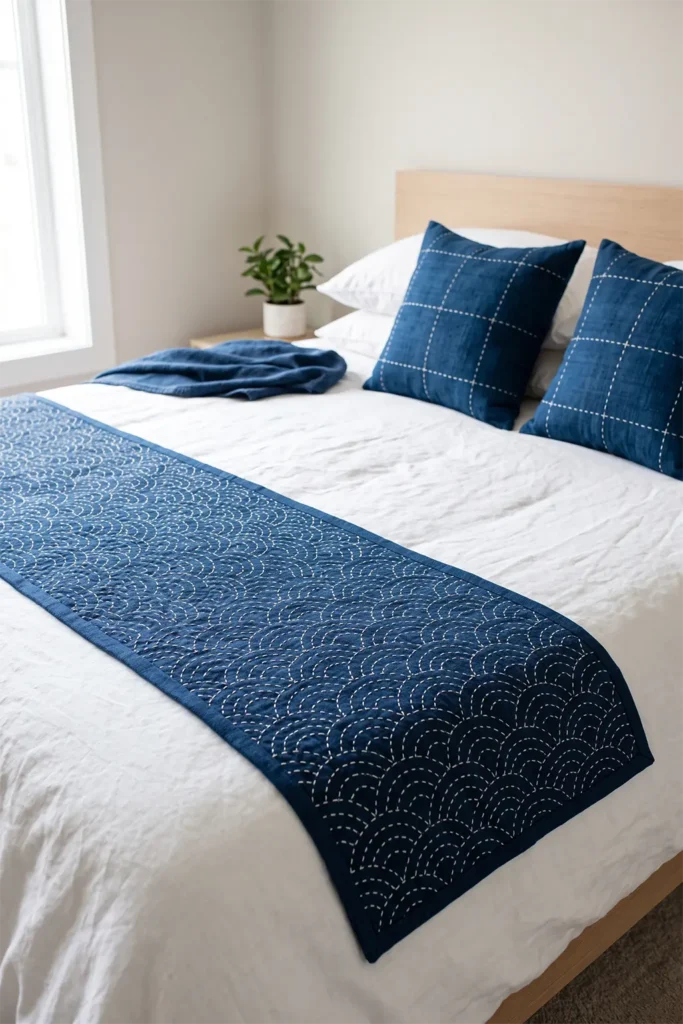 Layered Sashiko Bed Runner & Pillow Set for Coordinated Serene Decor