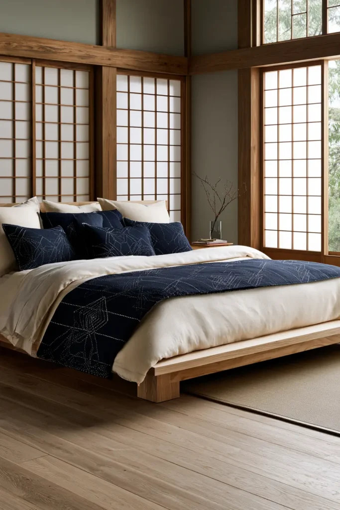 Layered Sashiko Bed Runner & Pillow Set for Coordinated Serene Decor