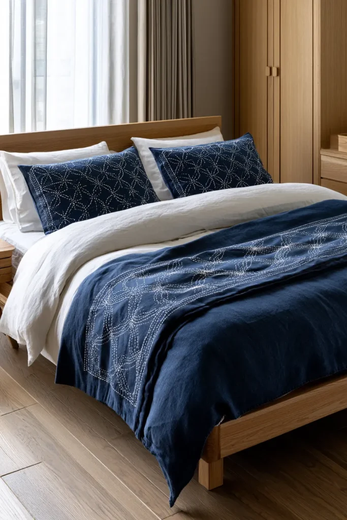 Layered Sashiko Bed Runner & Pillow Set for Coordinated Serene Decor