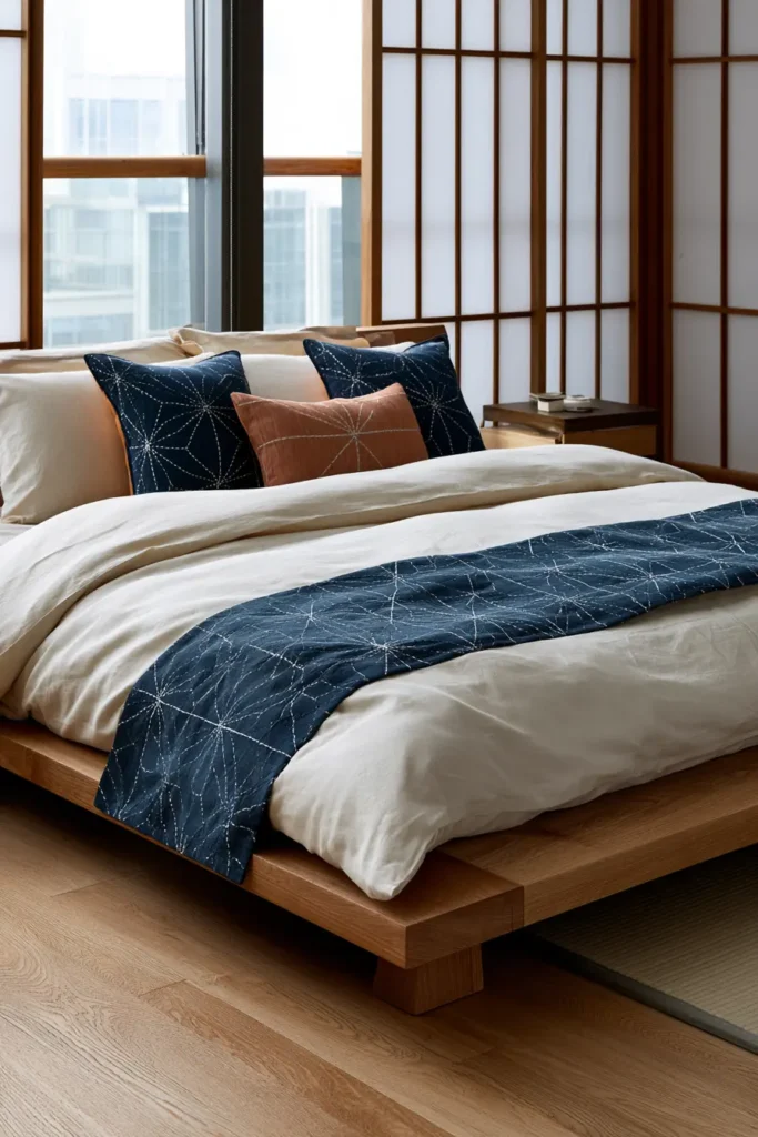 Layered Sashiko Bed Runner & Pillow Set for Coordinated Serene Decor