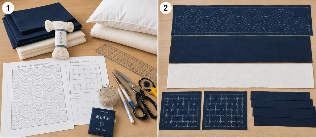 Layered Sashiko Bed Runner & Pillow Set for Coordinated Serene Decor