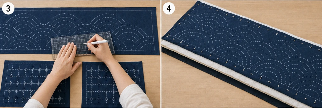 Layered Sashiko Bed Runner & Pillow Set for Coordinated Serene Decor