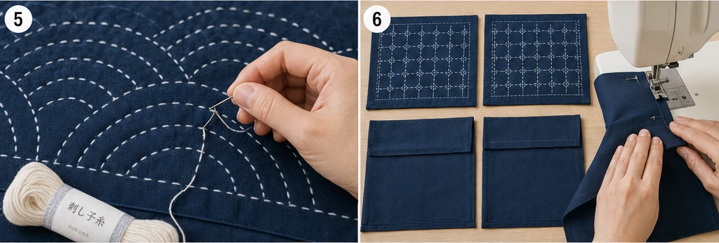 Layered Sashiko Bed Runner & Pillow Set for Coordinated Serene Decor