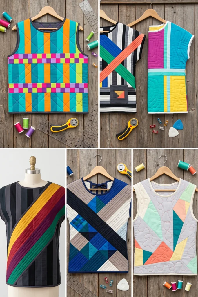 Modern Geometric Jelly Roll Quilted Tops for Unique Wearable Art