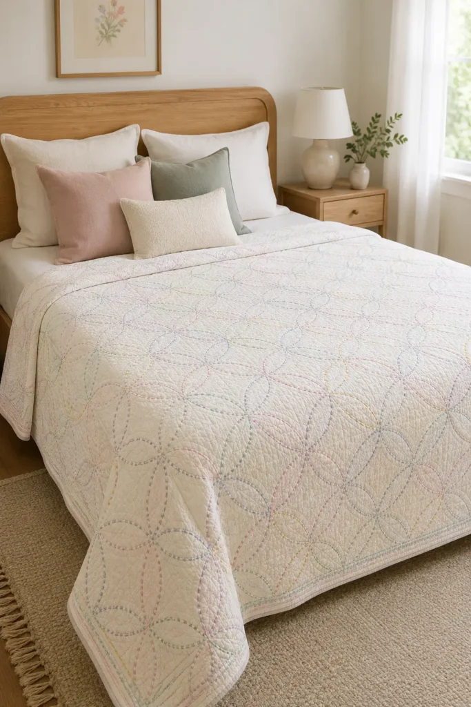 Pastel Sashiko Bed Covers for Soft, Cozy Bedroom Style