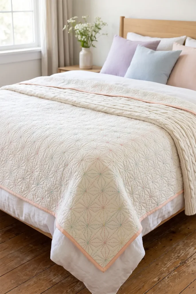 Pastel Sashiko Bed Covers for Soft, Cozy Bedroom Style