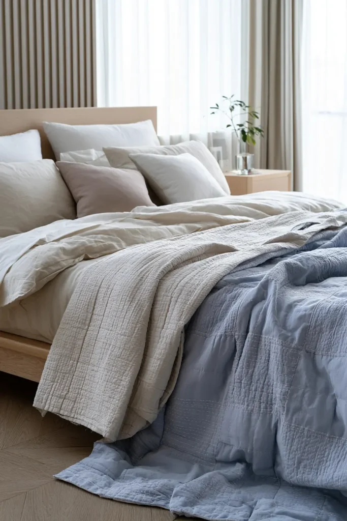 Pastel Sashiko Bed Covers for Soft, Cozy Bedroom Style