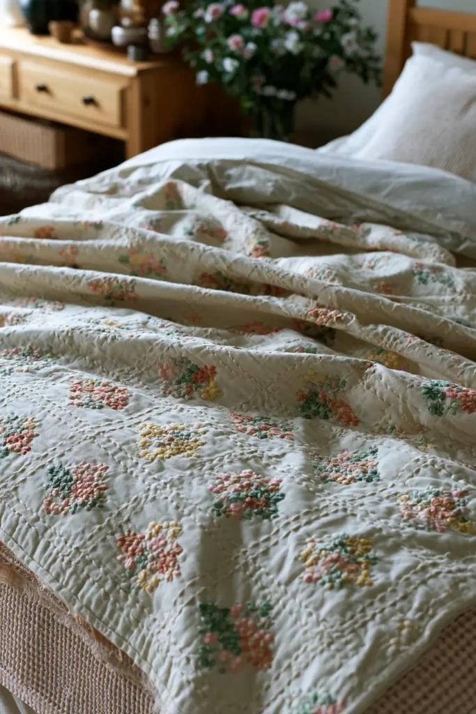 Pastel Sashiko Bed Covers for Soft, Cozy Bedroom Style