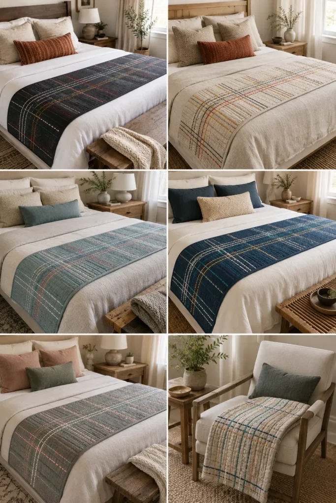 Plaid-Inspired Sashiko Bed Runners for Chic Room Layering