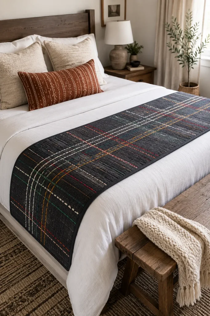 Plaid-Inspired Sashiko Bed Runners for Chic Room Layering