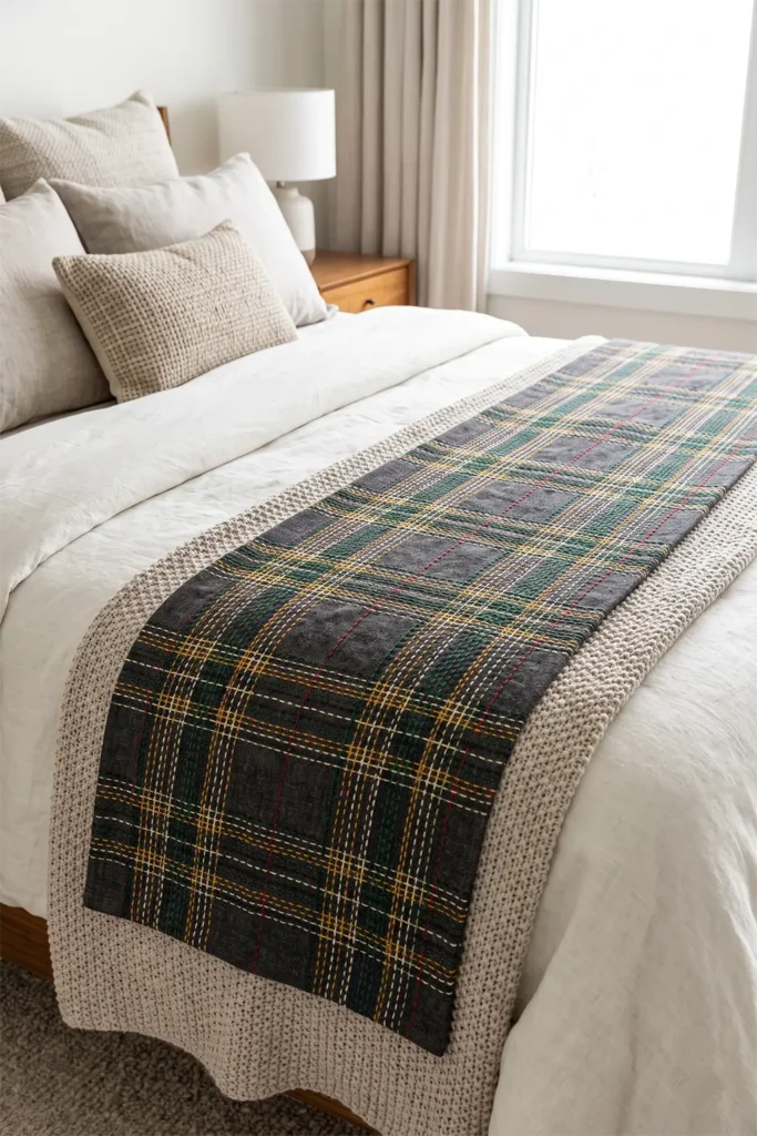 Plaid-Inspired Sashiko Bed Runners for Chic Room Layering