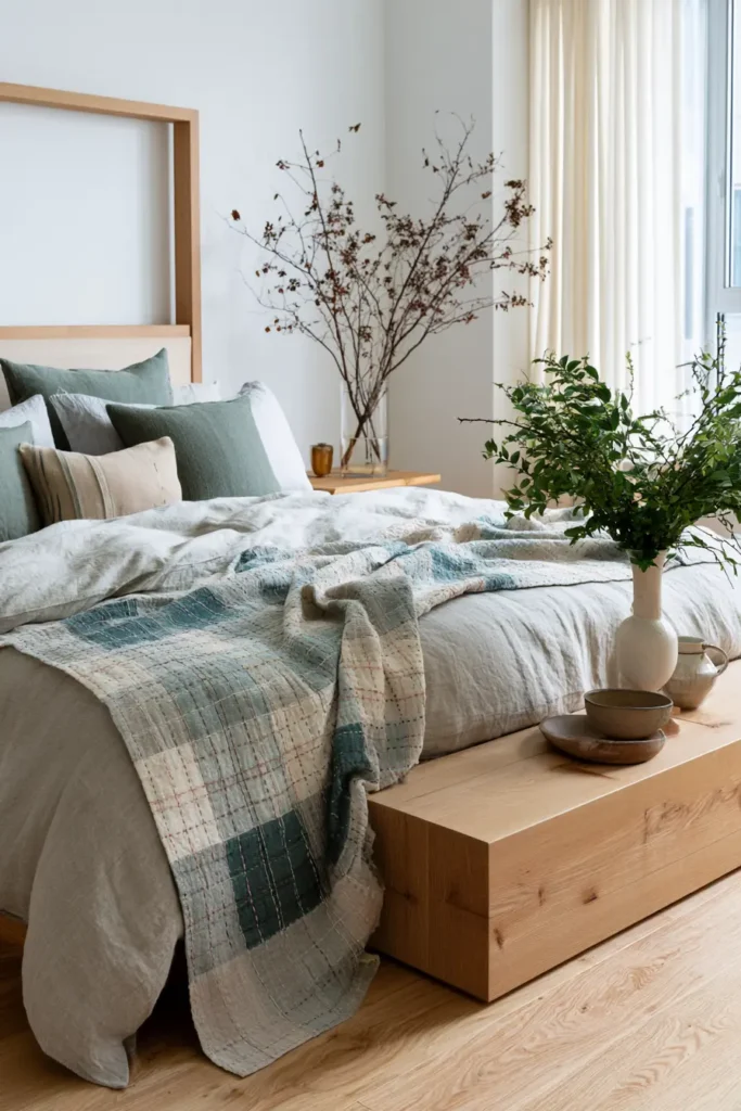 Plaid-Inspired Sashiko Bed Runners for Chic Room Layering
