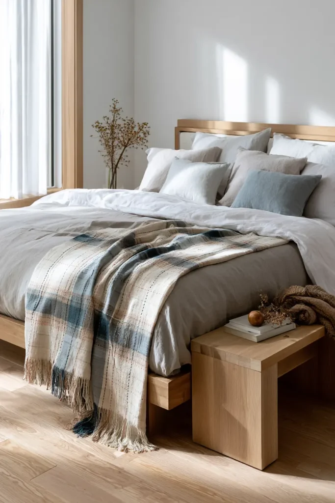 Plaid-Inspired Sashiko Bed Runners for Chic Room Layering