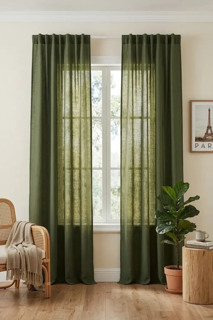 RYB HOME Olive Green Linen Sheer Curtains 84 Inches