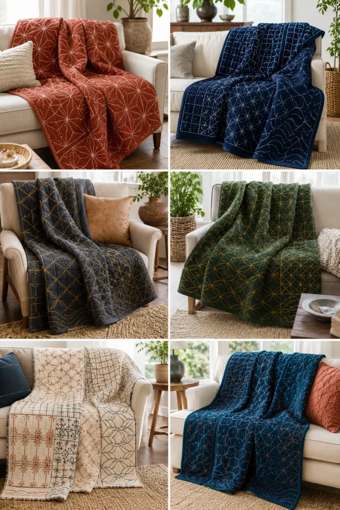 Sashiko Throw Quilts for Cozy Living Room Styling