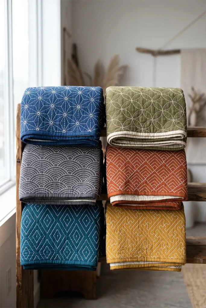 Sashiko Throw Quilts for Cozy Living Room Styling