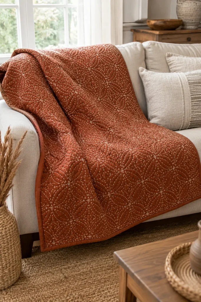 Sashiko Throw Quilts for Cozy Living Room Styling