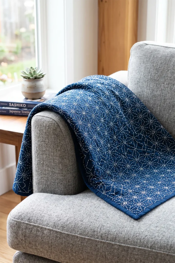 Sashiko Throw Quilts for Cozy Living Room Styling