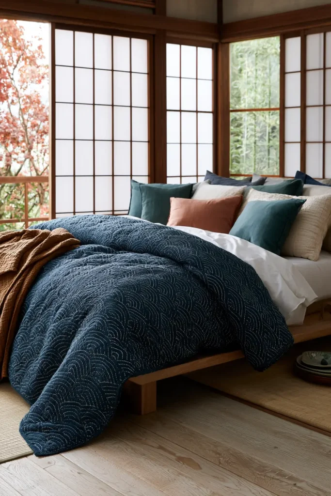 Seigaiha Ocean Wave Sashiko Bed Covers for a Calming Retreat