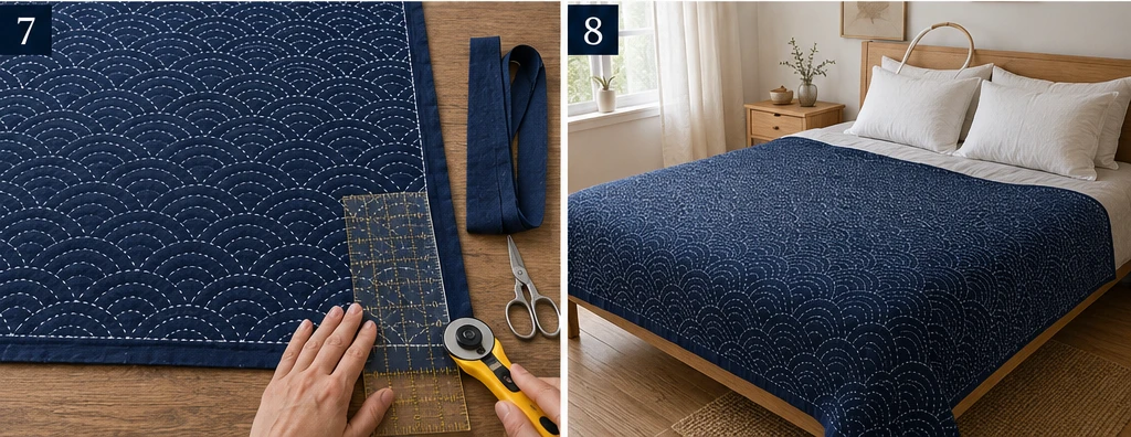 Seigaiha Ocean Wave Sashiko Bed Covers for a Calming Retreat