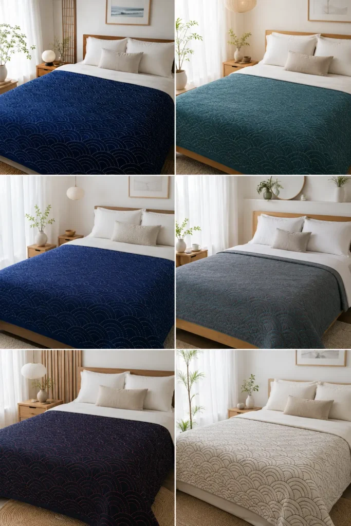 Seigaiha Ocean Wave Sashiko Bed Covers for a Calming Retreat